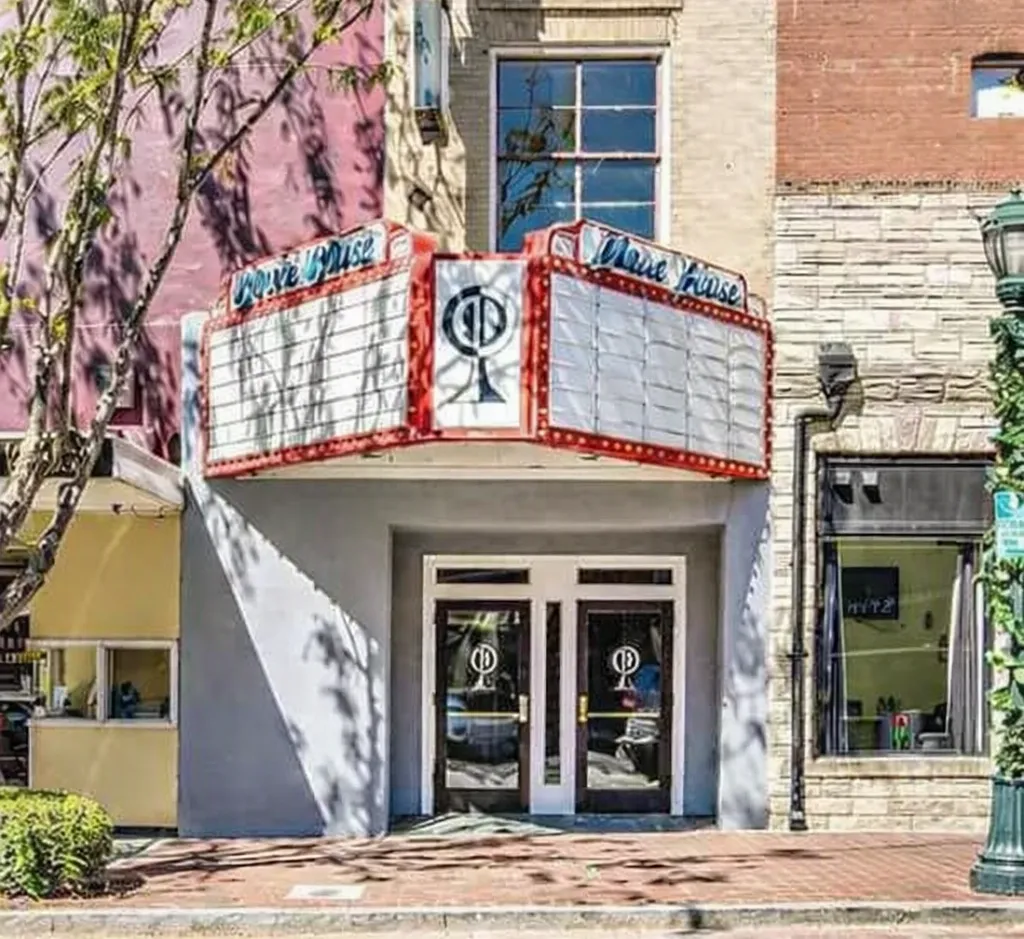 The Blue Bird Theatre marquee and storefront